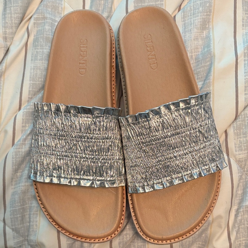 Silver Textured Slide Sandals by Simple